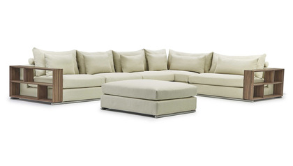 Soriano Wooden Arm L Sectional with Ottoman - Beige