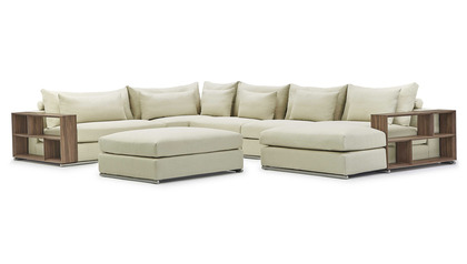Soriano Wooden Arm U Sectional with Ottoman - Beige